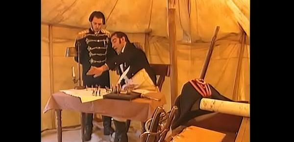  On the eve of Waterloo battle , an old general-revisionist  presents Napoleon with a gift of two prostitutes, serviced by him and young adjunct